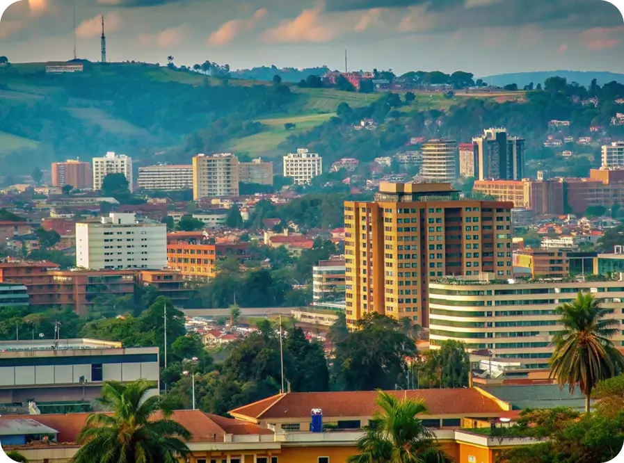 Modern African city skyline along a waterfront